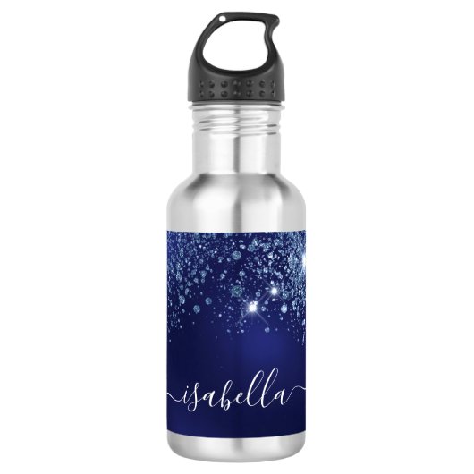 Bouteille D'eau Script de nom de parties scintillant bleue (Devant)