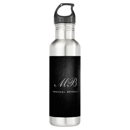 Bouteille D'eau Script monogramme noir gris moderne mignon (Devant)