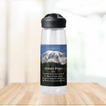 Bouteille D'eau Sérénité Prière Mont Rainier Paysage<br><div class="desc">Restez trempés partout où vous allez avec cette bouteille d'eau en plastique clair qui présente l'image de la neige recouverte du Mont Rainier avec les mots inspirants de la Prière de Sérénité imprimée en lettres blanches. Sélectionnez la taille et la couleur de votre bouteille d'eau. REMARQUE : Positionnement du texte...</div>