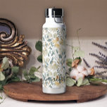 Bouteille D'eau Soft Blue Gold jolie feuille Floral Ajouter un nom<br><div class="desc">Bouteille Florale.</div>