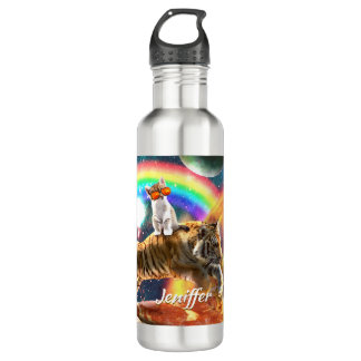 Bouteille D'eau Space Galaxy Cat Riding Tiger sur Pizza