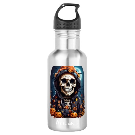 Bouteille D'eau Squelette éffrayant avec Citrouilles mal (Devant)