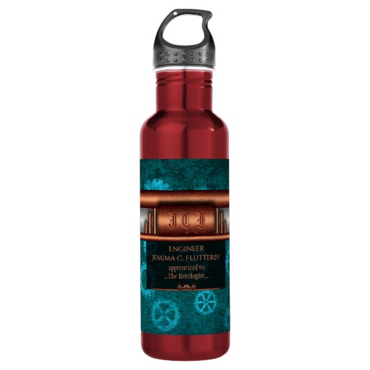 Bouteille D'eau Steampunk, cuivre sur roues turquoises, Monogramme (Devant)