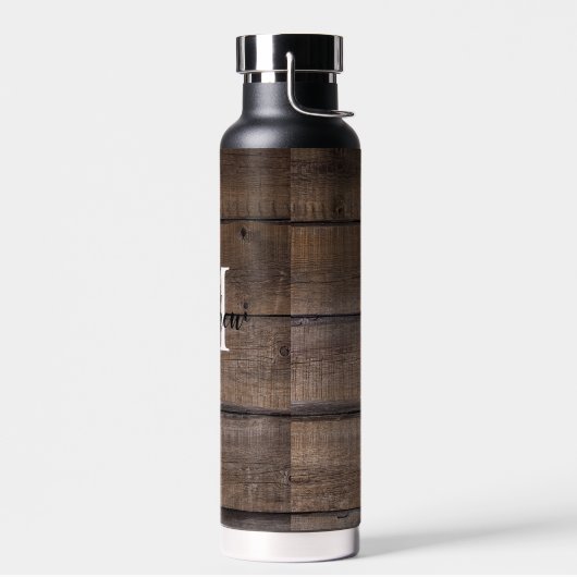 Bouteille D'eau Style Motif de bois rustique Monogramme Script (Gauche)