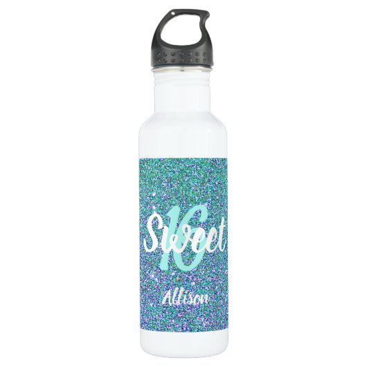 Bouteille D'eau Sweet 16 Parties scintillant bleue Turquoise Perso (Devant)