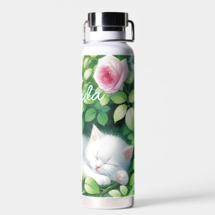 Bouteille D'eau Sweet Napping White Kitten sous un Rose Bush