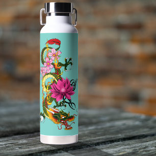 Bouteille D'eau Tatouage de dragon chinois vert gras lotus sarcell