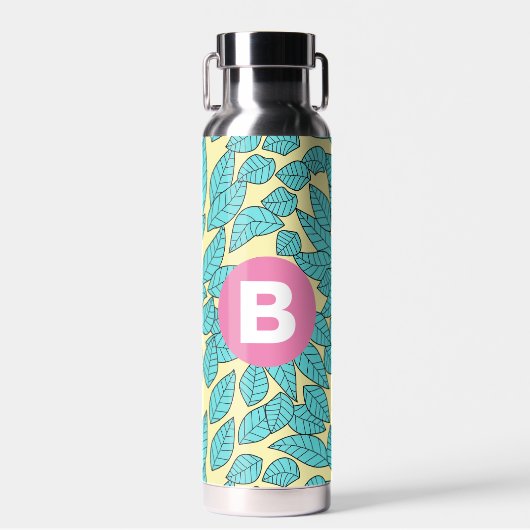 Bouteille D'eau Teal Leaves Botanical Pattern Bright Pink Monogram (Avant)