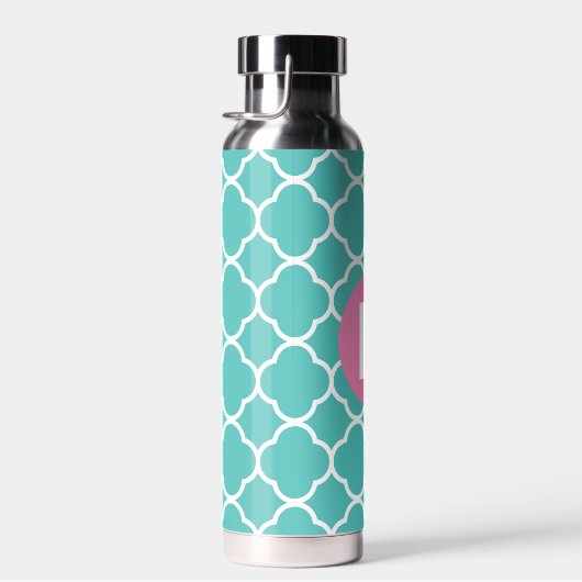 Bouteille D'eau Teal Quatrefoil Pattern Custom Pink Monogram (Plage)