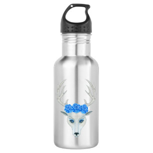 Bouteille D'eau Tête de cerf blanc mystique portant des Roses bleu