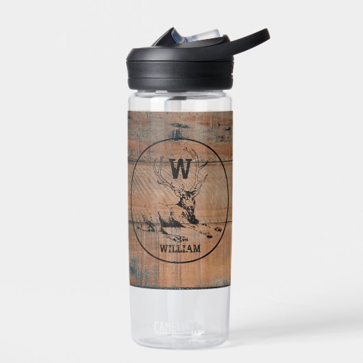 Bouteille D'eau Texture en bois rustique et monogramme de cerfs su (Gauche)