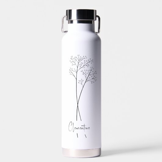 Bouteille D'eau tige de fleurs, typographie de script noir (Avant)