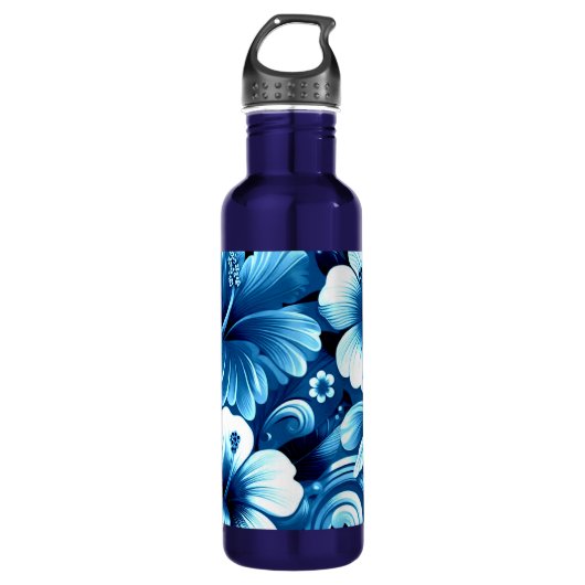 Bouteille D'eau Tropical Hawaiian Flowers Hibiscus Blue Pattern (Devant)