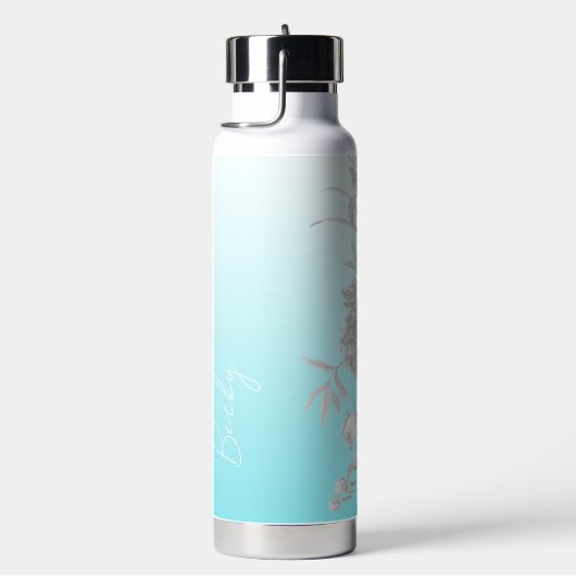 Bouteille d'eau turquoise avec nom et fleurs (Évier)