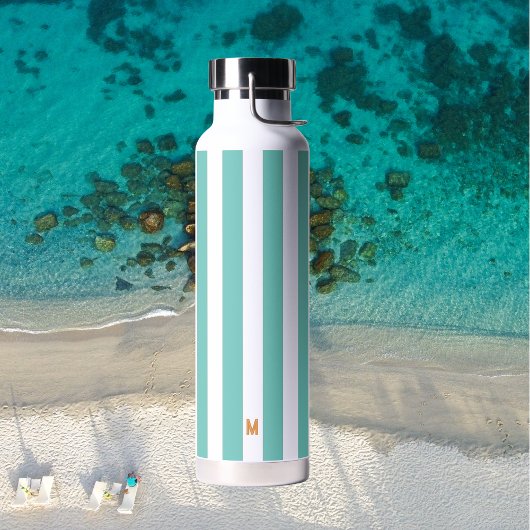 Bouteille D'eau Turquoise bande de cabane et monogramme orange per