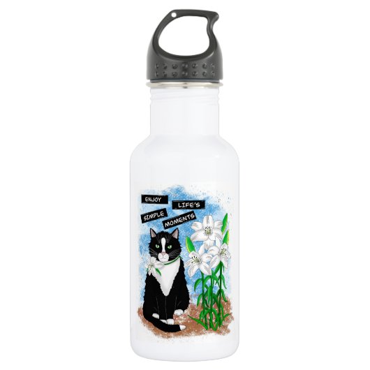 Bouteille D'eau Tuxedo Chat et Lilies | Devis inspirant (Devant)