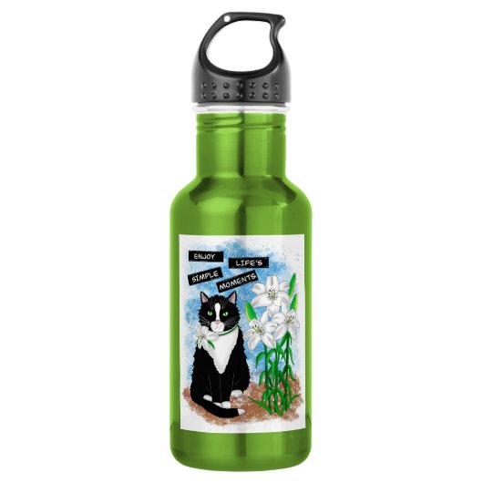 Bouteille D'eau Tuxedo Chat et Lilies | Devis inspirant (Devant)