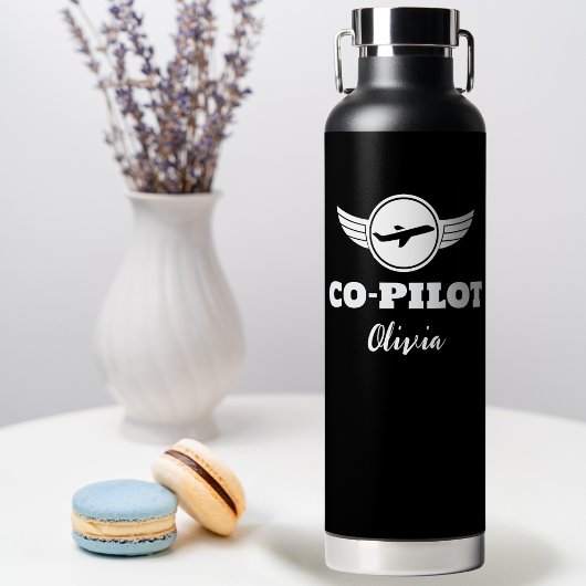 Bouteille D'eau Typographie d'avion CO-PILOTE moderne, noir et bla
