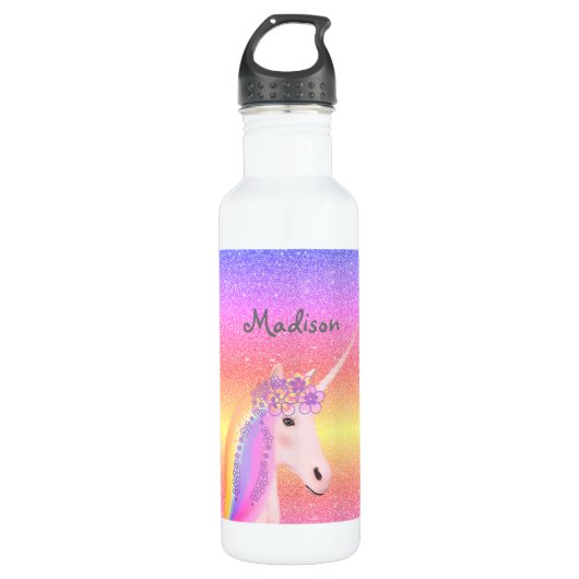 Bouteille D'eau Unicorne personnalisée Parties scintillant arc-en- (Devant)