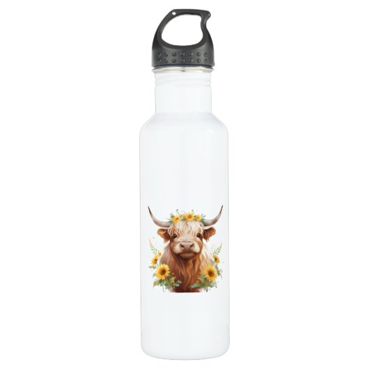 Bouteille D'eau Vache Highland avec Couronne de fleurs de tourneso (Devant)