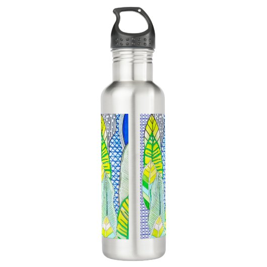 Bouteille D'eau Vert Jaune mignon Moderne Tropical Boho Feuille (Dos)