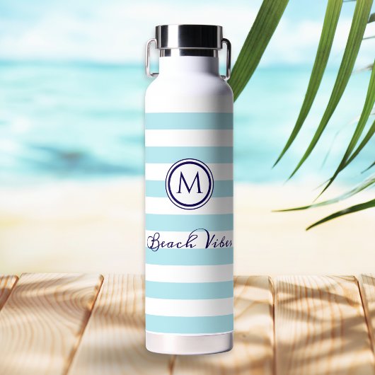 Bouteille D'eau Vibes de plage de Monogramme nautique Bleu Blanc r