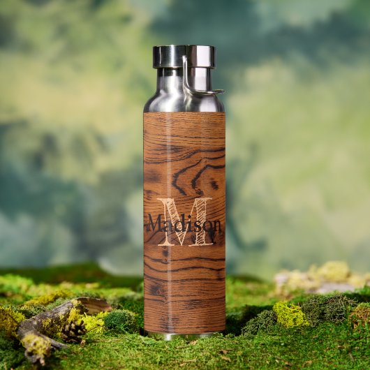 Bouteille D'eau Vintage bois brun brun roux Monogramme (Extérieur)