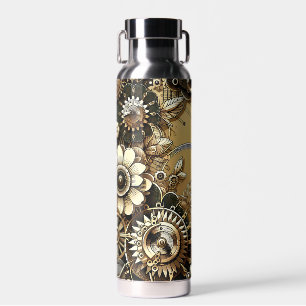 Bouteille D'eau Vintage Gold Steampunk Metal Engrenages et Fleurs