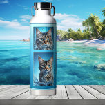 Bouteille D'eau Vos 4 Photos Turquoise Blue<br><div class="desc">Bouteille d'eau avec vos 4 photos sur un dégradé bleu turquoise. Le "We love you" peut être supprimé si vous préférez les textes personnalisés. Vous pouvez également laisser les images de chat actuelles en place si vous êtes un amoureux des chats ! Sympa pour une maman de chat : -)...</div>