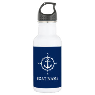 Bouteille D'eau Votre nom de bateau Compass Ancre Bleu Blanc