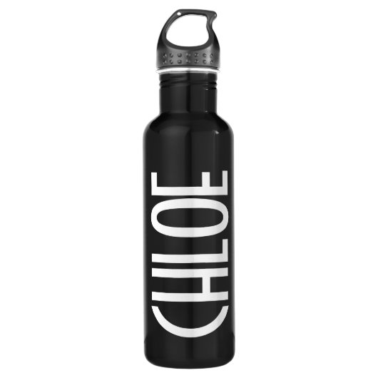 Bouteille D'eau Votre nom, texte gras blanc | Noir (Devant)