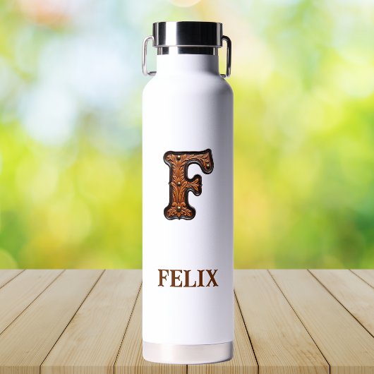 Bouteille d'eau Western Monogramme en Cuir Gravé F