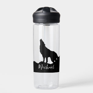 Bouteille D'eau Wolf Pop Art Votre Nom Personnalisé Noir Blanc