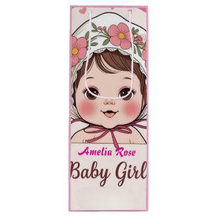 Bouteille Sac cadeau rose pour baby shower avec fleurs aquar