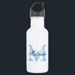 Bouteilles d'eau mariage monogramme bleu personnal<br><div class="desc">Bouteilles d'eau mariage monogrammées personnalisées. lettre initiale de nom vintage avec typographie de calligraphie de script stylisée pour nom. Design monogrammé élégant pour la campagne rustique chic douche nuptiale ou soirée de mariage élégante. Personnalisable avec nom, citation ou titre. Faites le votre pour que la mariée soit mariée et l'entourage...</div>