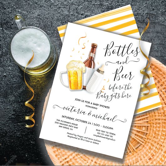 Bouteilles et invitation au Baby shower de la bièr