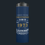 Bouteilles Isothermes 50th Birthday 1973 Legendary Blue Gold Ajouter un<br><div class="desc">50e anniversaire,  1973,  vintage "Original Quality Legendary Inspiration" tumbler thermique. Ajoutez le nom et l'année souhaités dans les champs modèles en créant un article unique de célébration du 50e anniversaire. Faites équipe avec les cadeaux,  accessoires de fête et vêtements correspondants disponibles dans notre magasin www.zazzle.com/store/thecelebrationstore</div>
