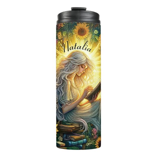 Bouteilles Isothermes Add Name, Lady Reading in Glow with Sunflowers  (Devant)