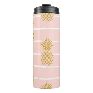 Bouteilles Isothermes Ananas en or, Arrière - plan d'été rayé.