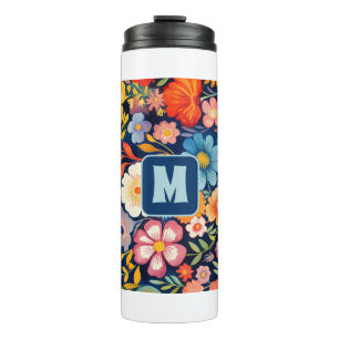 Bouteilles Isothermes Années 70 60 Rétro Floral Monogramme Bleu et Orang