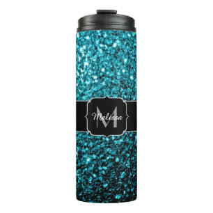 Bouteilles Isothermes Aqua bleu brillant faux paillettes scintille Monog