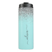 Bouteilles Isothermes Aqua Blue Teal Argent Paillettes Monogramme (Devant)