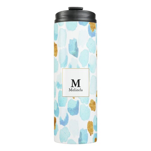 Bouteilles Isothermes Aquarelle bleu et or Points Monogramme Tumbler (Devant)