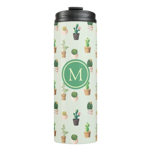 Bouteilles Isothermes Aquarelle Cactus Motif Mint vert Monogramme (Devant)