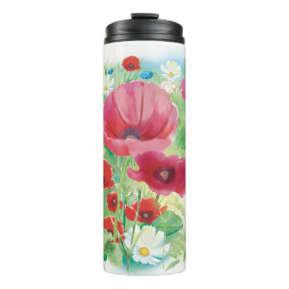 Bouteilles Isothermes Aquarelle, coquelicots rouges et fleurs jaunes