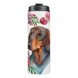 Bouteilles Isothermes Aquarelle Dachshund Entouré de coeur coloré