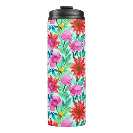 Bouteilles Isothermes Aquarelle Fleurs en Turquoise, rouge et rose (Devant)