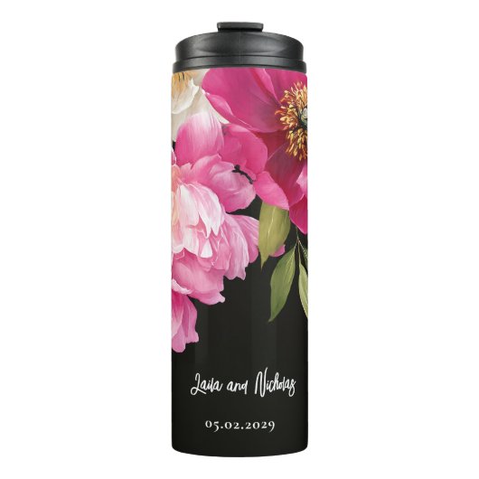 Bouteilles Isothermes Aquarelle rose et blanc Peony Mariage floral (Devant)