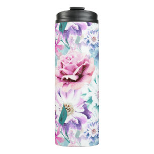 Bouteilles Isothermes Aquarelle rose, fleurs bleues.