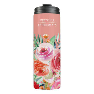 Bouteilles Isothermes Aquarelle rose Floral Custom Bridesmaid Nom
